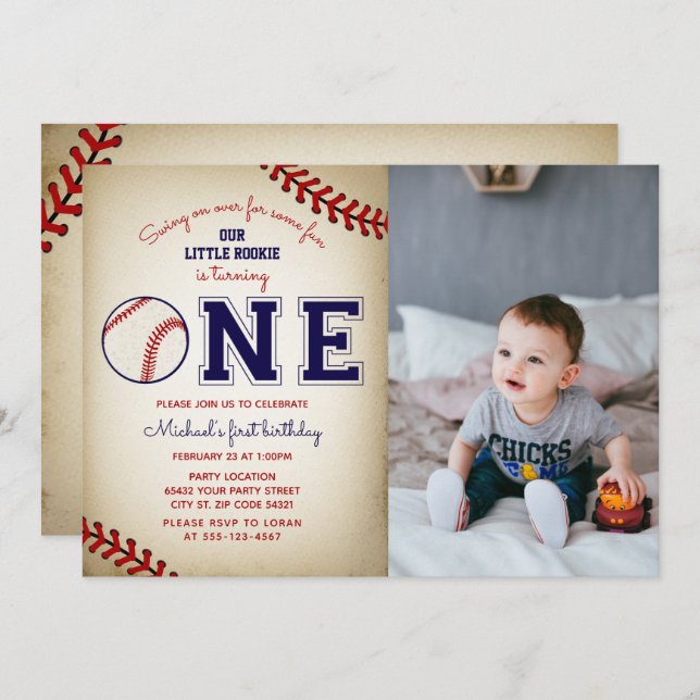 Baseball First Birthday Foto Einladung (Vorne/Hinten)