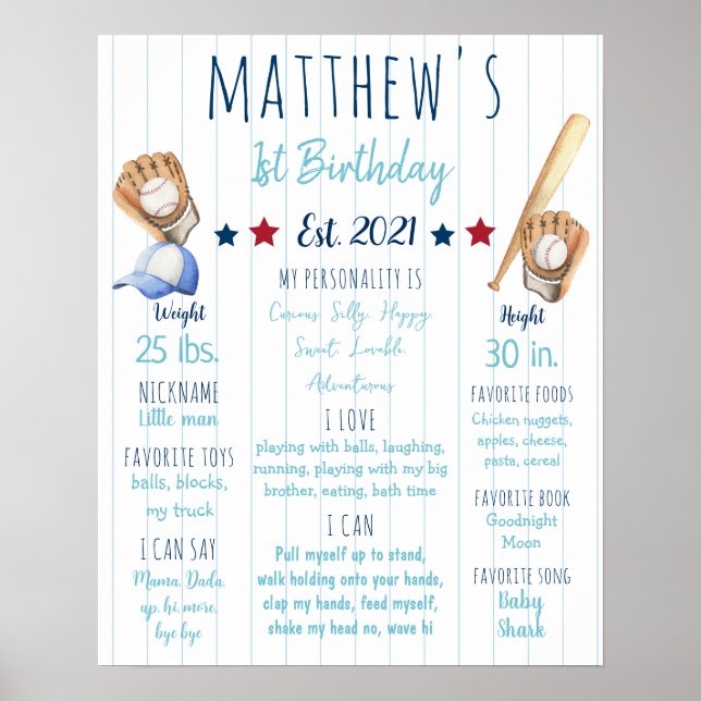 Baseball First Birthday Meilenstein-Zeichen Poster (Vorne)