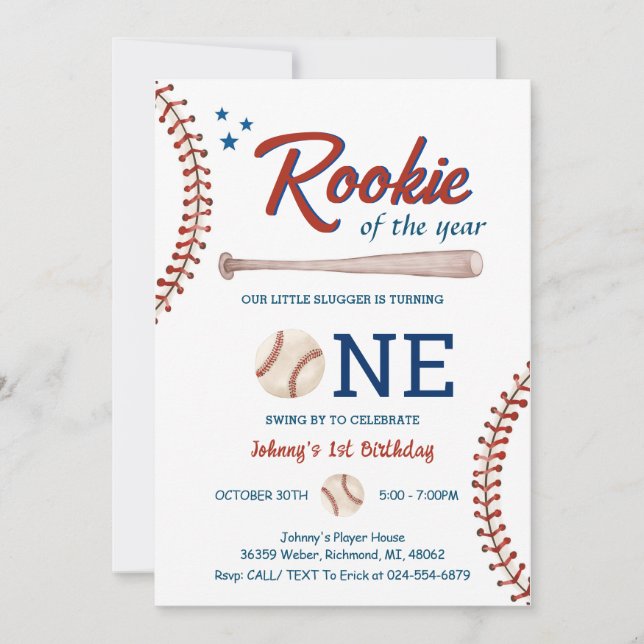 Baseball First Birthday Rookie des Jahres Foto Einladung (Vorderseite)