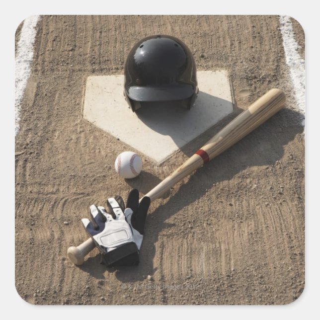 Baseball, Fledermaus, Schlaghandschuhe und Basebal Quadratischer Aufkleber (Vorderseite)