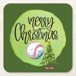 Baseball Frohe Weihnachten mit Ball und Baum Rechteckiger Pappuntersetzer