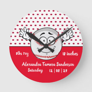 Baseball funny face birth stats Red White Runde Wanduhr