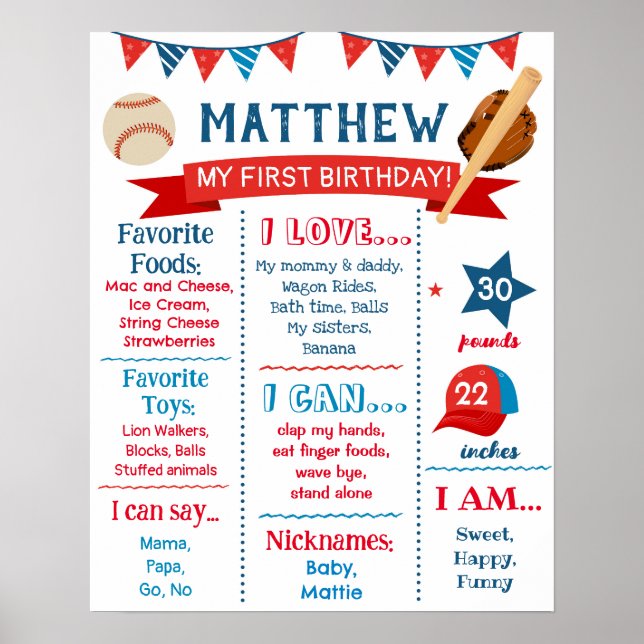 Baseball Geburtstags-Meilenstein Unterschrift Halb Poster (Vorne)