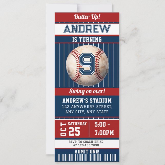 Baseball-Geburtstagsparty-Einladungsticket Einladung (Vorderseite)