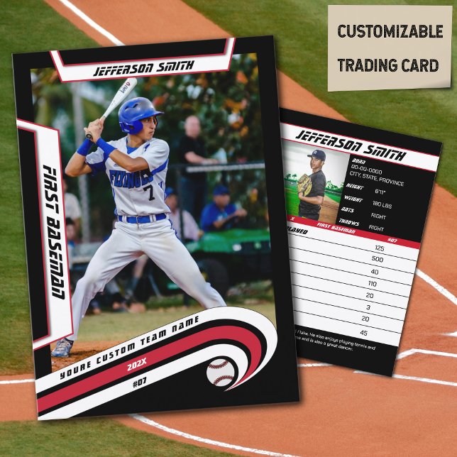 Baseball-Handelskarte Lebendig-Rot-Schwarz Telefonnummerkarte (Baseball Player Trading Card in Black with Custom Team Name and White Red Elements)