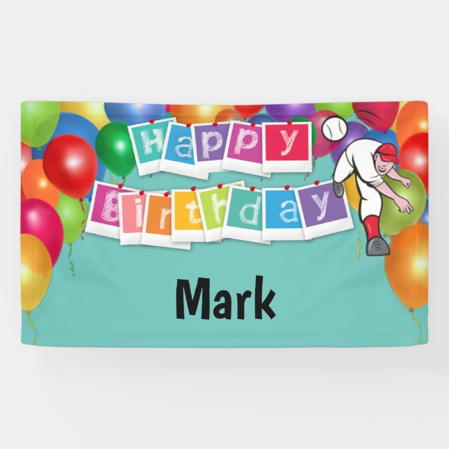 Baseball Happy Birthday Spieler werfen Ballon Banner (Horizontal)
