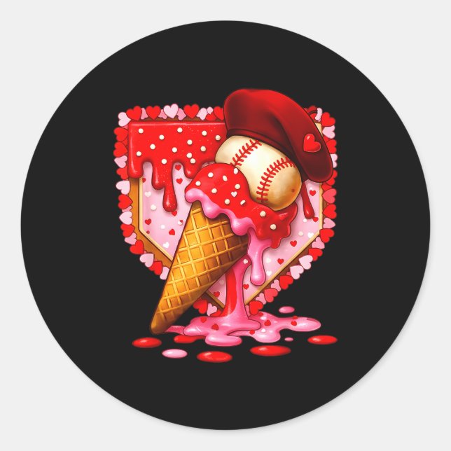 Baseball Heart Valentine Baseball Ice Cream Drip B Runder Aufkleber (Vorderseite)