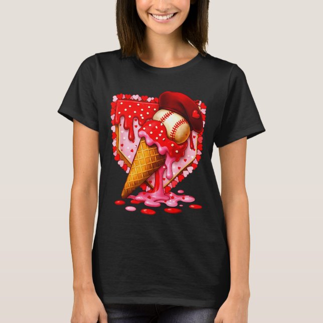 Baseball Heart Valentine Baseball Ice Cream Drip B T-Shirt (Vorderseite)