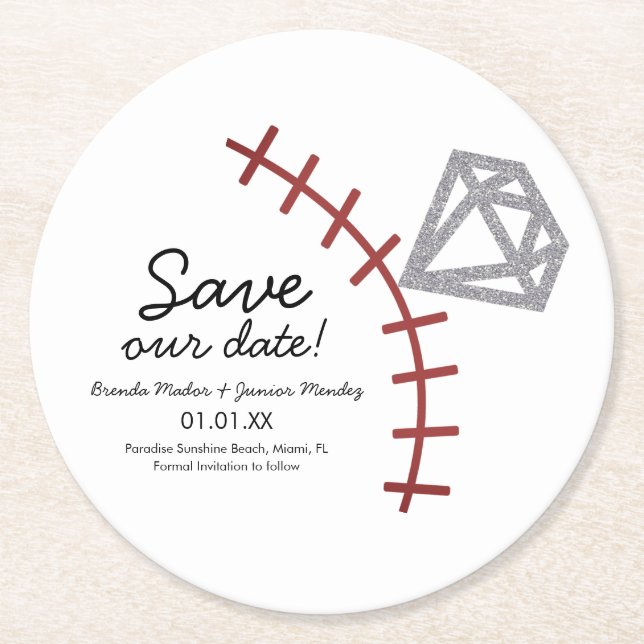 Baseball Homerun Diamond Gem Save the Date Runder Pappuntersetzer (Vorderseite)