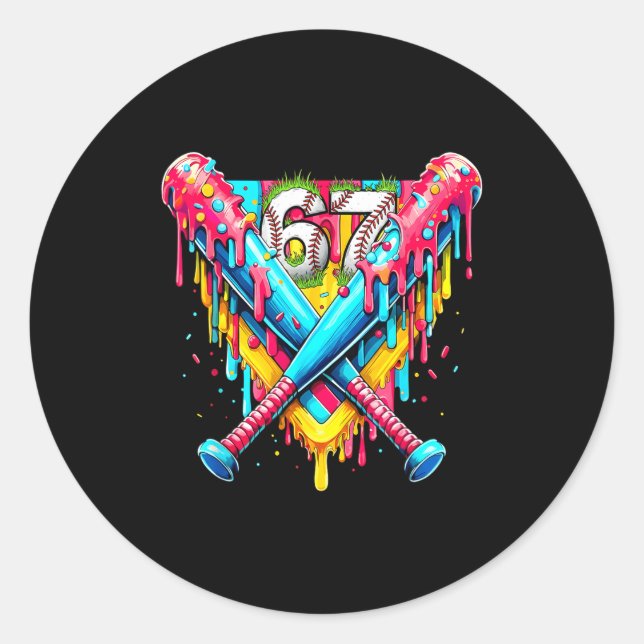 Baseball Ice Cream Drip Number 67 Player 67th Birt Runder Aufkleber (Vorderseite)