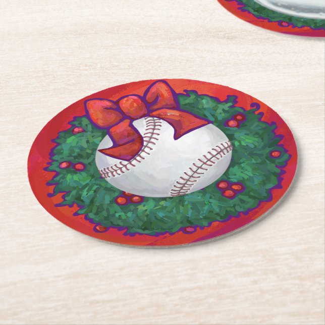 Baseball in Kreath auf Rot Runder Pappuntersetzer (Angewinkelt)