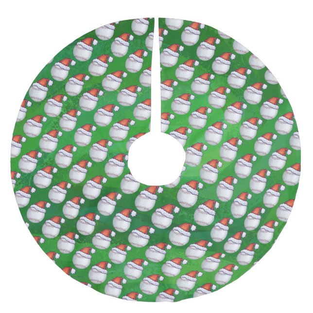 Baseball in Weihnachtsmannmütze Pattern auf Grün Polyester Weihnachtsbaumdecke (Vorderseite)