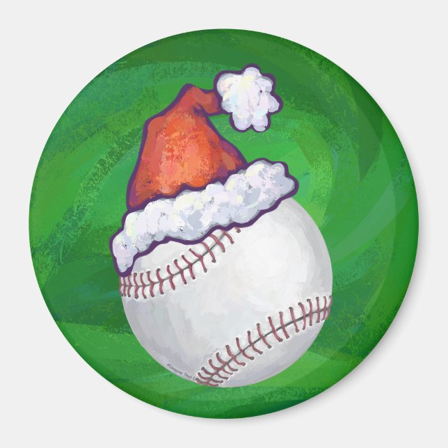 Baseball in Weihnachtsmannmütze über Grün Magnet (Vorne)