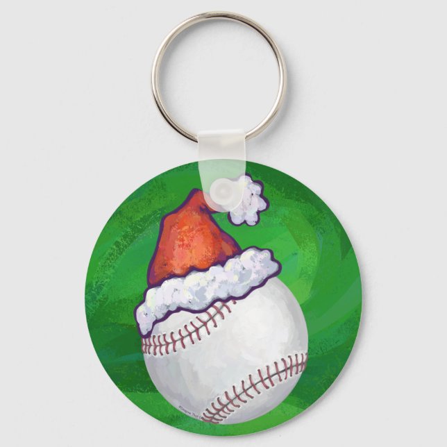 Baseball in Weihnachtsmannmütze über Grün Schlüsselanhänger (Vorderseite)