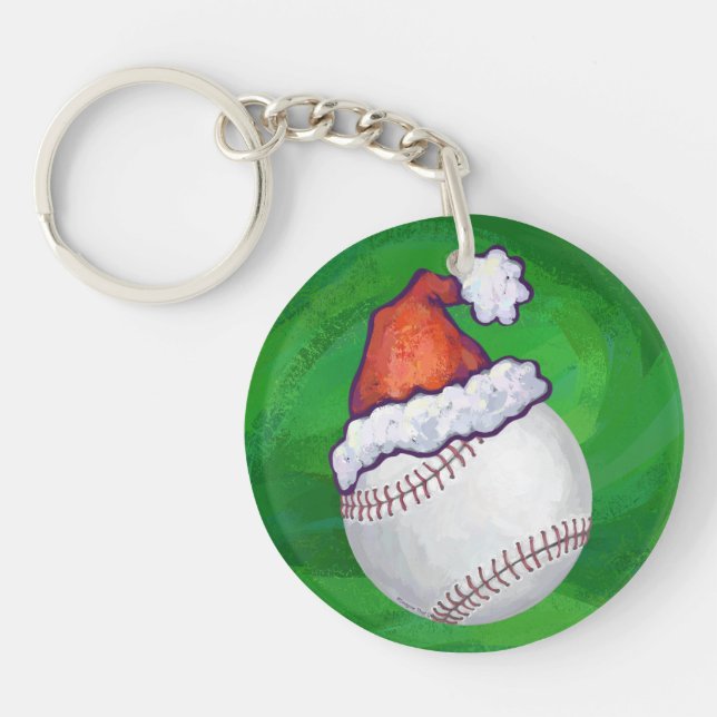 Baseball in Weihnachtsmannmütze über Grün Schlüsselanhänger (Vorderseite)