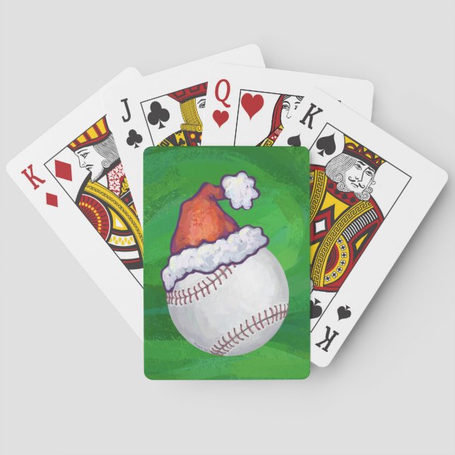Baseball in Weihnachtsmannmütze über Grün Spielkarten (Rückseite)