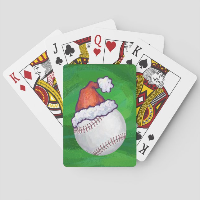Baseball in Weihnachtsmannmütze über Grün Spielkarten (Rückseite)