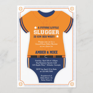 Baseball Jersey Baby Dusche, blau, orange Einladung