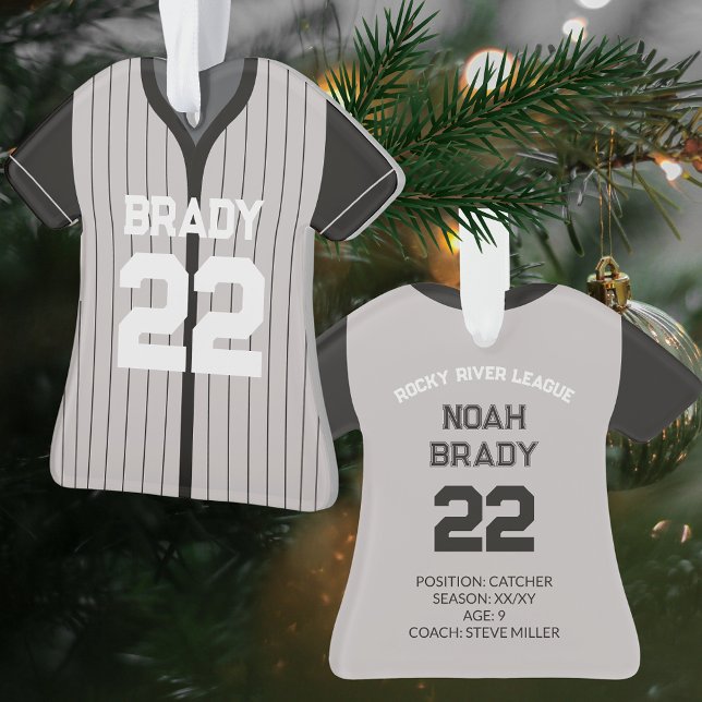 Baseball Jersey Player Stats Black Gray Keepake Ornament (Personalized Baseball Player Stats Keepsake Christmas Tree Ornament Team Gift)