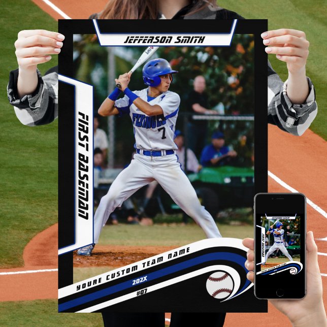 Baseball Keepsakes in lebendig blauem Schwarz Cust Poster (Baseball Player Poster in Black and Blue with Custom Team Name and dynamic White Elements)