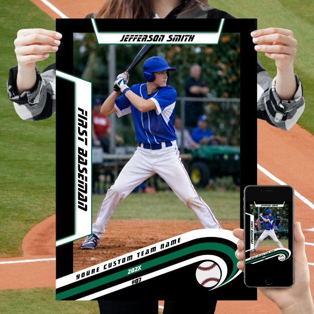 Baseball Keepsakes in lebendig grüner schwarzer Br Poster (Baseball Player Poster in Black and Green with Custom Team Name and dynamic White Elements)