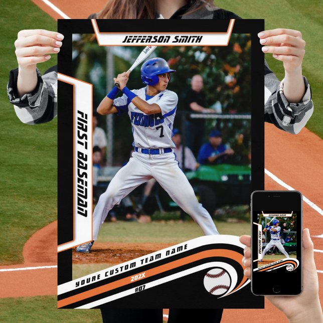 Baseball-Keepsakes in lebendig orangefarbener schw Poster (Baseball Player Poster in Black and Orange with Custom Team Name and dynamic White Elements)