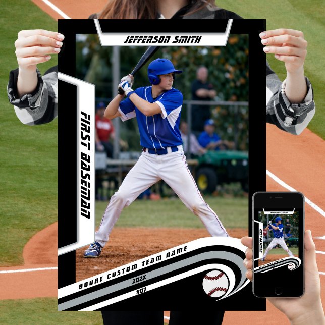 Baseball-Keepsakes in lebendiger, silberner, benut Poster (Baseball Player Poster in Black and Silver with Custom Team Name and dynamic White Elements)