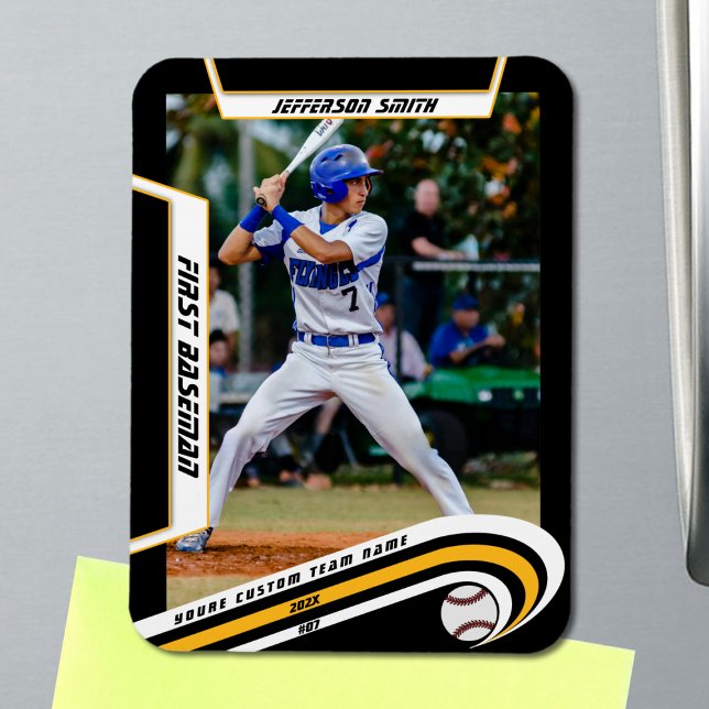 Baseball Keepsakes Lebhaft Gelbe schwarze Angewohn Magnet (Baseball Player Magnet in Black with Custom Team Name and White Yellow Elements)