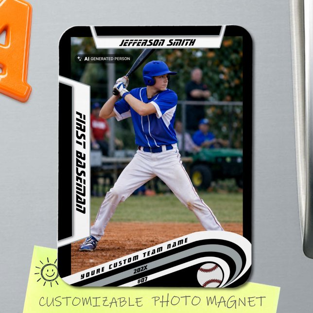 Baseball Keepsakes Lebhaft Silber Schwarz Custom Magnet (Baseball Player Magnet in Black with Custom Team Name and White Silver Elements)