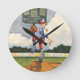 Baseball-Krug auf Hügel durch Jay Throckmorton Runde Wanduhr