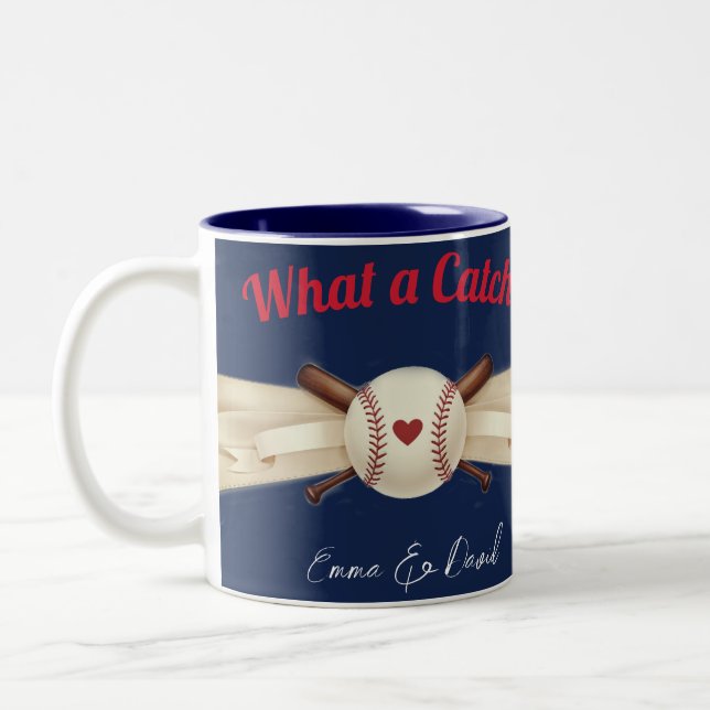 Baseball Liebe Dark Navy Sporthochzeit Zweifarbige Tasse (Links)