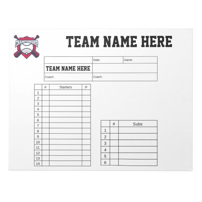 Baseball Lineup Cards Notizblock (Vorderseite)
