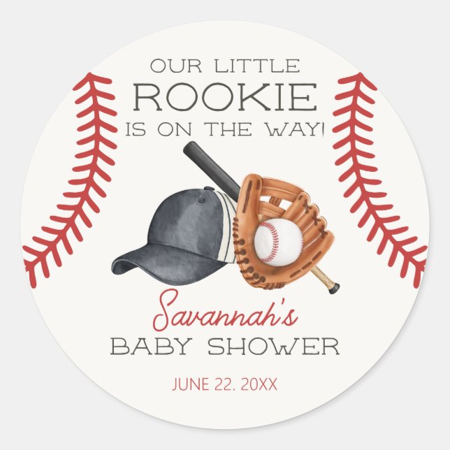 Baseball Little Rookie Zuhause Run Baby Shower Runder Aufkleber (Vorderseite)