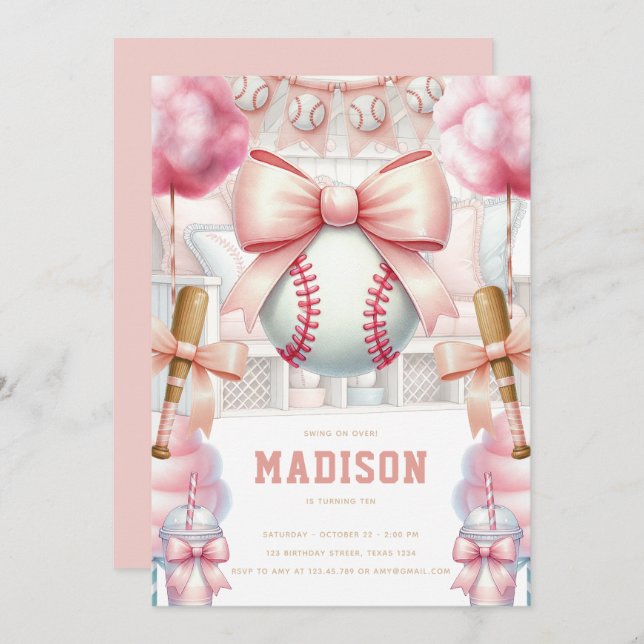 Baseball Luxury Birthday Girly Sports Theme Einladung (Vorne/Hinten)
