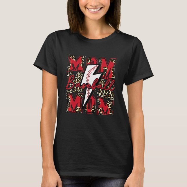Baseball-Mama Baseball-Blitzschlag Leopard Rot T-Shirt (Vorderseite)