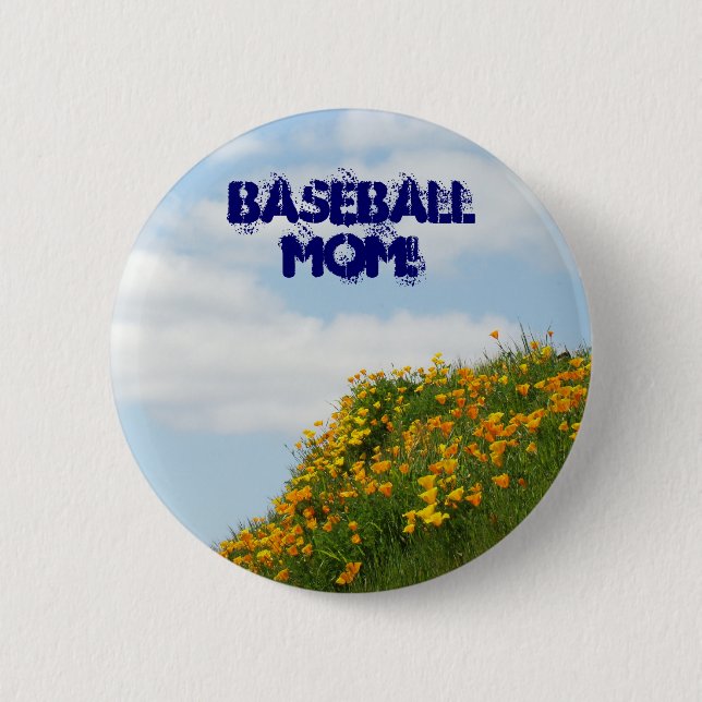Baseball-Mama! Knöpfe Blue Sky Poppies Meadow Button (Vorderseite)