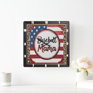 Baseball Mama Patriotic Sports Quadratische Wanduhr