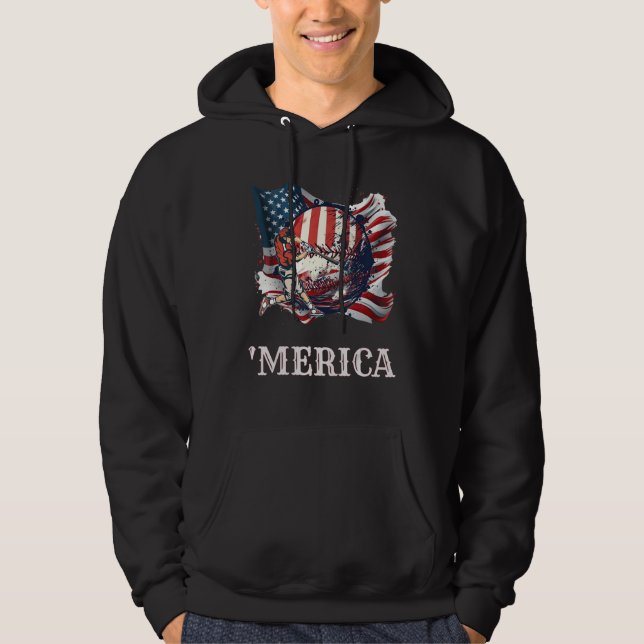 Baseball Merica Patriotic 4th July American Flag Hoodie (Vorderseite)