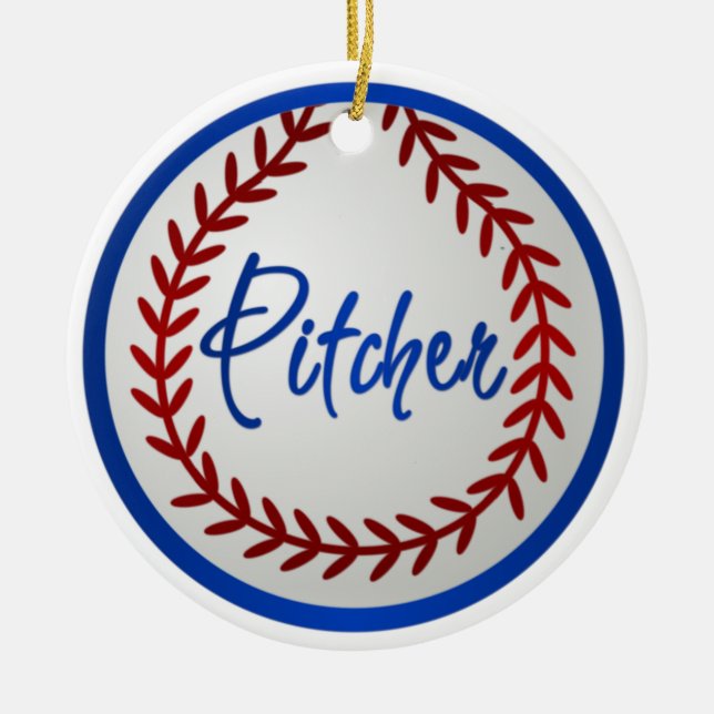 Baseball mit roten Stichen und Werfer Keramikornament (Vorne)