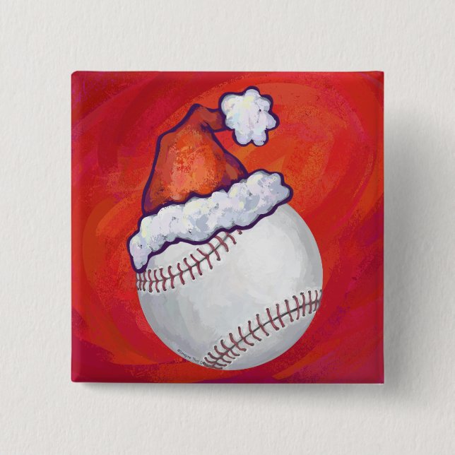 Baseball mit Weihnachtsmannmütze auf Rot Button (Vorderseite)