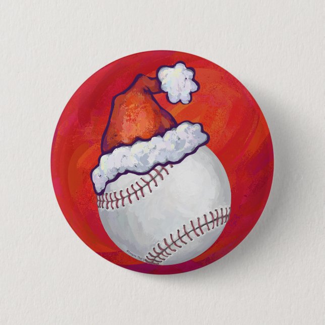 Baseball mit Weihnachtsmannmütze auf Rot Button (Vorderseite)