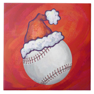 Baseball mit Weihnachtsmannmütze auf Rot Fliese