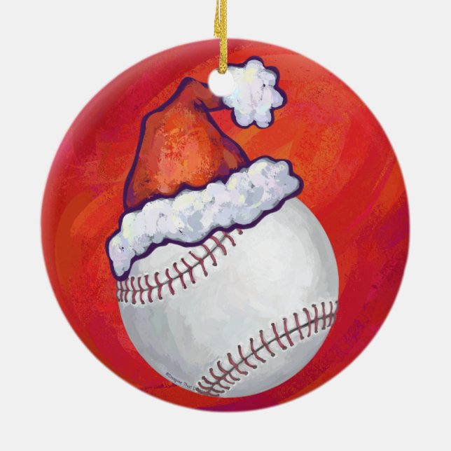 Baseball mit Weihnachtsmannmütze auf Rot Keramikornament (Hinten)