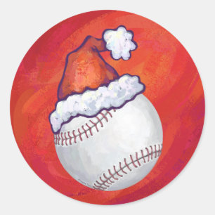 Baseball mit Weihnachtsmannmütze auf Rot Runder Aufkleber
