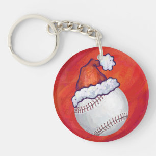 Baseball mit Weihnachtsmannmütze auf Rot Schlüsselanhänger