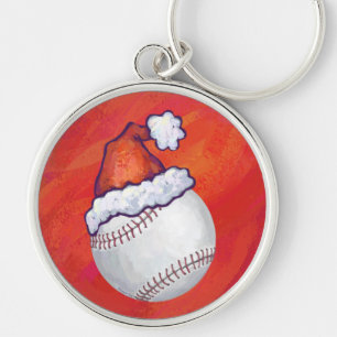 Baseball mit Weihnachtsmannmütze auf Rot Schlüsselanhänger