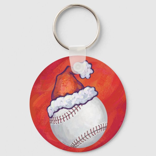 Baseball mit Weihnachtsmannmütze auf Rot Schlüsselanhänger (Vorderseite)