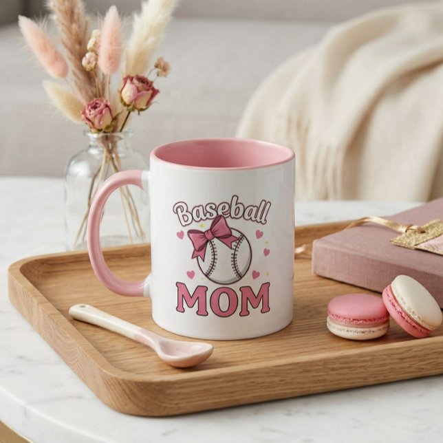 Baseball Mom Cute Pink Bow Design Tasse (Baseball Mom Cute Mug)