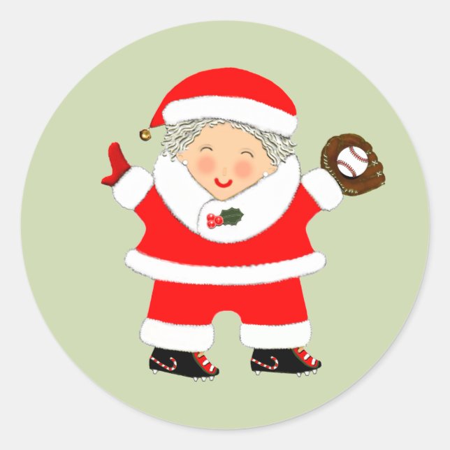 Baseball Mrs. Claus Runder Aufkleber (Vorderseite)
