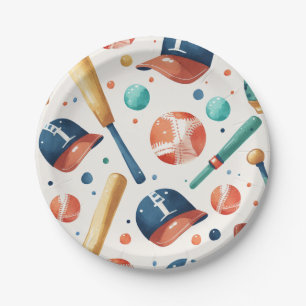 Baseball-Muster Blau Rot Schläger Hut Ball Geburts Pappteller